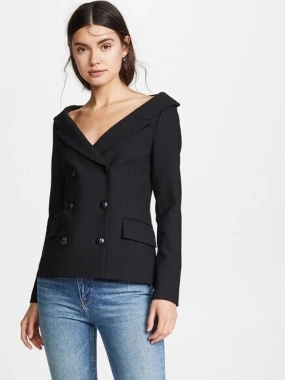 Veronica Beard Frayne Open V- Neck Double Breasted Black Blazer Size 4
